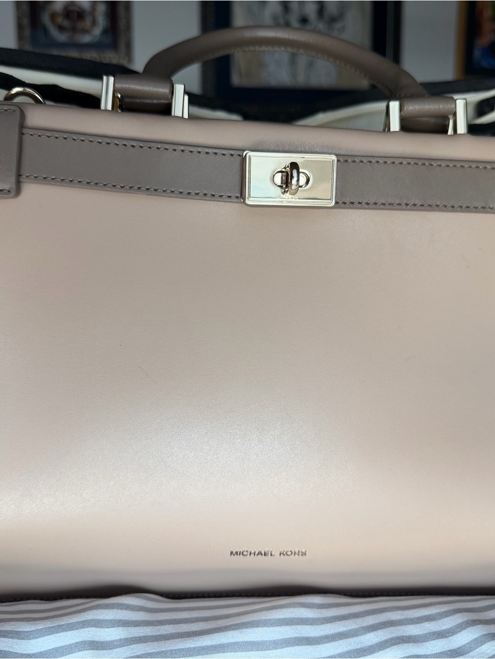 Michael Kors Tatiana Two-Tone Blush and Taupe Satchel with Gold Hardware.